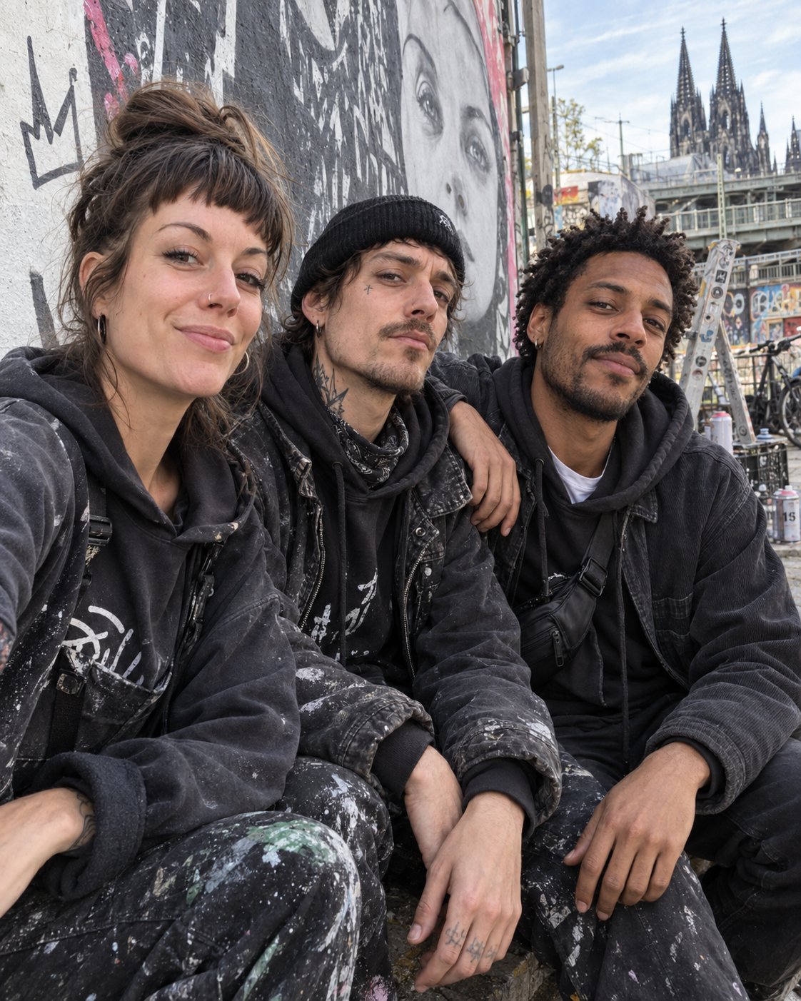 Mira, Fex und Dario gemeinsam vor einer bemalten Wand in Köln